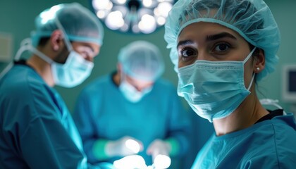 Female surgeon wearing a mask and surgical cap, standing alongside two other medical professionals focused on a procedure in an operating room.
