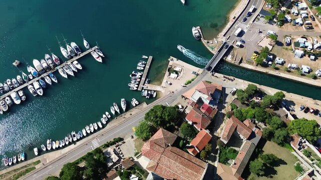 Aerial view of the historic town Osor with the bridge connecting the islands of Cres and Losinj, Croatia
