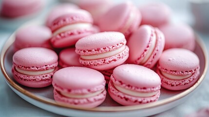 Obraz premium Pink macarons neatly arranged on a plate, delicious French pastries and sweet treats, elegant dessert presentation