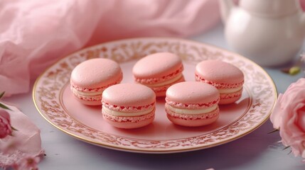 Obraz premium Pink macarons neatly arranged on a plate, delicious French pastries and sweet treats, elegant dessert presentation