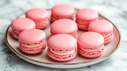 Fototapeta premium Pink macarons neatly arranged on a plate, delicious French pastries and sweet treats, elegant dessert presentation