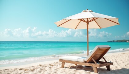 A serene beach scene with a wooden lounge chair and white umbrella set on soft sand facing the clear turquoise ocean under a bright blue sky.