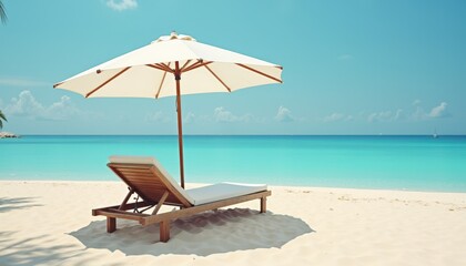 Fototapeta premium A serene beach scene with a wooden lounge chair and umbrella on white sand, overlooking turquoise waters and a clear blue sky.