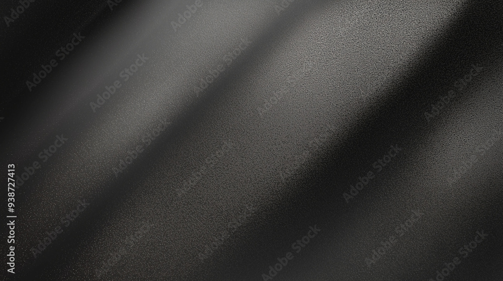 Poster Black matte textured background with floating dust particles illuminated by soft light in the top right corner, creating a deep contrast between black and white. This abstract design emphasizes textur