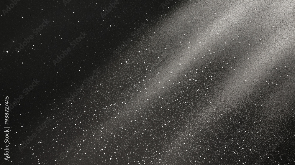 Poster Black matte textured background with floating dust particles illuminated by soft light in the top right corner, creating a deep contrast between black and white. This abstract design emphasizes textur