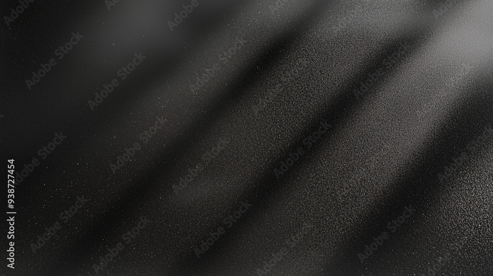 Poster Black matte textured background with floating dust particles illuminated by soft light in the top right corner, creating a deep contrast between black and white. This abstract design emphasizes textur