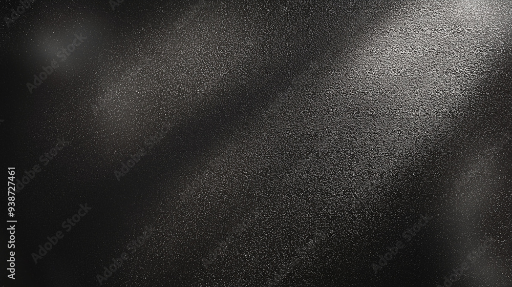 Leinwandbilder Black matte textured background with floating dust particles illuminated by soft light in the top right corner, creating a deep contrast between black and white. This abstract design emphasizes textur