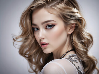 Fototapeta premium Beautiful blonde woman with wavy hair posing against a gray background.