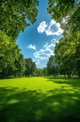 Fototapeta premium Beautiful sunny park landscape with lush green grass, tall trees, and a blue sky with fluffy white clouds. Perfect for relaxation and nature walks.