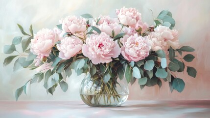 Naklejka premium Pink peonies and eucalyptus in a glass vase, elegant and romantic floral arrangement, soft light and timeless home decor