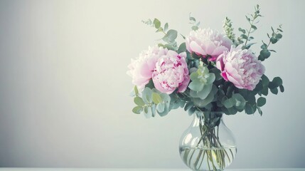Naklejka premium Pink peonies and eucalyptus in a glass vase, elegant and romantic floral arrangement, soft light and timeless home decor
