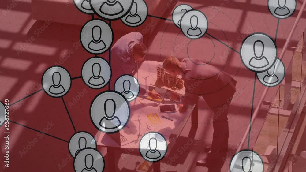 Poster network of user icons animation over business people collaborating on project