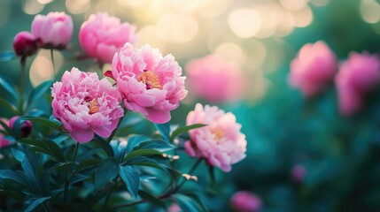 Fototapeta premium Pink peonies in full bloom on a sunny day, vibrant flowers and lush green leaves, summer nature beauty captured
