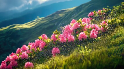 Obraz premium Pink rhododendrons in full bloom on a hillside, vibrant spring flowers and lush greenery, scenic nature landscape