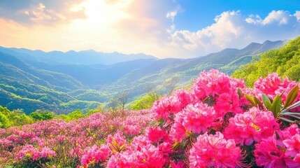 Obraz premium Pink rhododendrons in full bloom on a hillside, vibrant spring flowers and lush greenery, scenic nature landscape