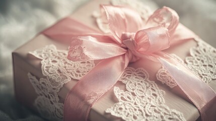 Pink ribbon and delicate lace on a gift box, elegant and feminine wrapping, special occasion and thoughtful present