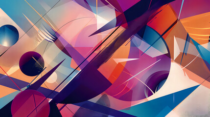 Geometric shapes create an abstract background with vivid hues and dynamic composition, emphasizing modern design.