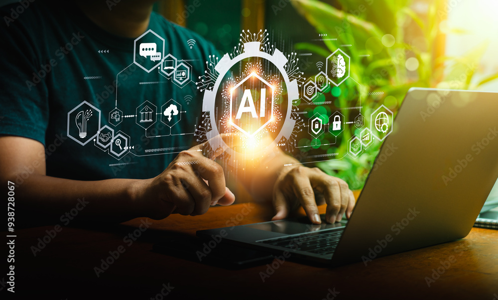 Poster businessman interacting with ai technology interface on laptop, illustrating artificial intelligence