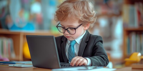 Adorable young boy dressed in formal attire using a laptop, showcasing learning and technology in an educational setting.