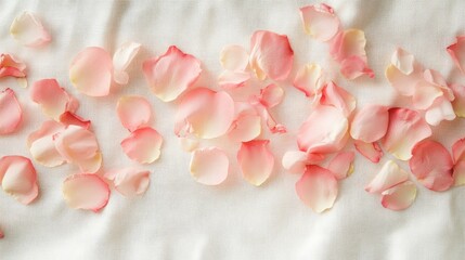 Obraz premium Pink rose petals scattered on a white tablecloth, romantic and elegant decor, soft and delicate floral arrangement -