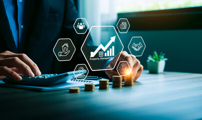 Property management and real estate investment and financial growth. Businessman using digital technology and online tools for real estate analysis, Profitable real estate investment strategies