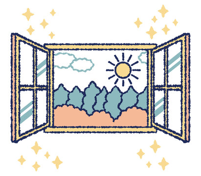 recommend clip art: 開いた窓の向こうに景色が見えているカラーイラスト