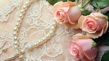 Fototapeta premium Pink roses and pearls on a lace background, romantic and elegant decor, vintage and timeless feminine style