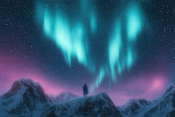 Fototapeta premium Person admiring stunning northern lights in a mystical landscape