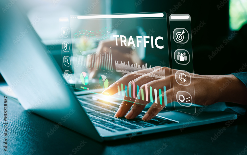 Poster advanced digital traffic analysis, business professional utilizing cutting-edge technology and ai to