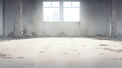 Empty Room with Two Windows and a Concrete Floor, a Light Beam, an Abandoned Building Background