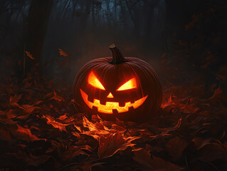 Glowing jack-o'-lantern with carved face illuminates a dark, eerie forest surrounded by fallen autumn leaves, capturing the Halloween spirit.