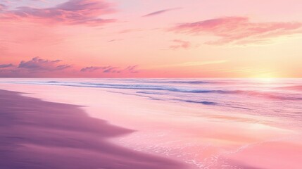 Obraz premium Pink sky at dusk over a tranquil beach, serene evening scene and peaceful coastal retreat, warm and colorful horizon