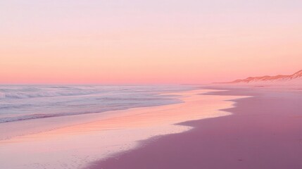 Obraz premium Pink sky at dusk over a tranquil beach, serene evening scene and peaceful coastal retreat, warm and colorful horizon