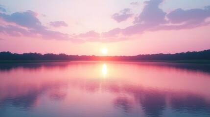 Fototapeta premium Pink sky at sunset over a calm lake, serene evening scene and peaceful nature retreat, warm and colorful horizon