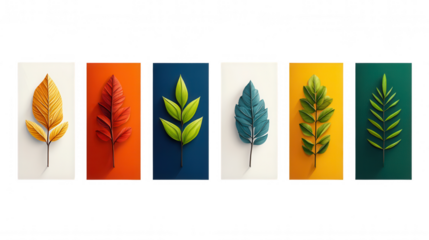 Six vibrant autumn leaves on different colored backgrounds perfect for nature themed design projects.