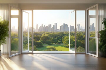 Open balcony doors offer a breathtaking view of a green park and modern city skyline under the soft light of dawn. Nature meets urban life.