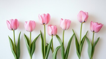 Fototapeta premium Pink tulips in a row on a white background, simple and elegant floral arrangement, minimalistic and chic decor