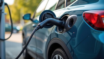 A blue electric vehicle is plugged into a charging station, highlighting the shift towards sustainable transportation.
