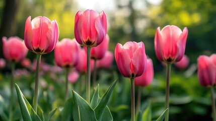 Fototapeta premium Pink tulips in full bloom in a lush garden, vibrant spring flowers and nature's beauty, colorful and peaceful outdoor scene