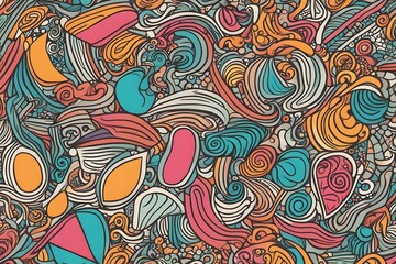A hand drawn doodle pattern with colorful abstract shapes and lines, AI Generated