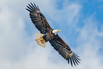 Obraz premium Bald eagle gliding with wings outstretched against a clear blue sky, capturing its powerful flight and detailed feather patterns. ai