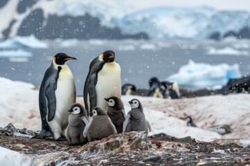 Obraz premium Emperor penguins with chicks on an icy Antarctic shore in a snowstorm, showcasing the harsh and cold environment. ai