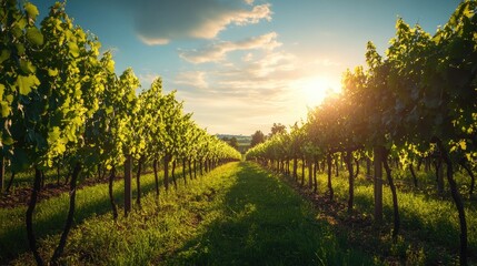 Naklejka premium Sunlit vineyard with rows of grapevines stretching into the distance, lush green leaves and ripening grapes, warm summer day in the countryside