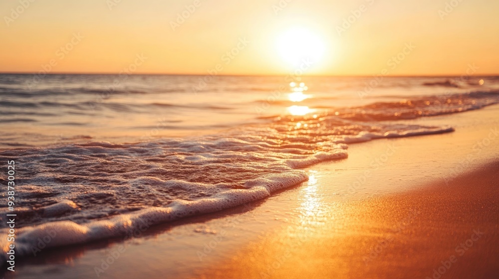 Wall mural sunset over a quiet beach with gentle waves lapping at the shore, warm golden light and peaceful sum