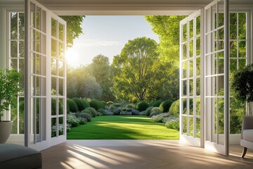 Beautiful garden view from an open patio door with lush green lawn, trees, and sunlight shining through, creating a serene and peaceful atmosphere. © Stone Story