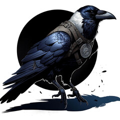 Vector illustration of a crow with a crescent moon and a skull