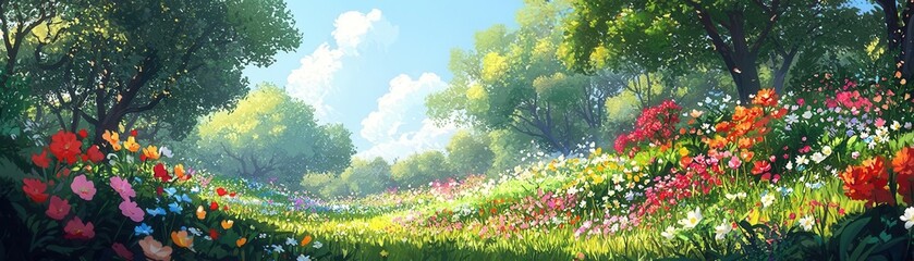 Obraz premium Generative AI illustration of a springtime flower meadow, showcasing colorful blossoms and lush greenery under a bright, clear sky
