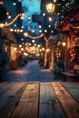 Blurry background of decorated street, wooden tabletop, vibrant and colorful, bright lights, ample space for design or text