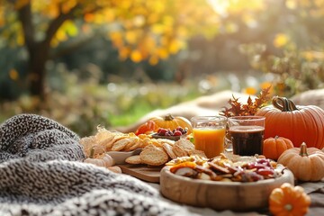 Autumn picnic setting with pumpkins, warm drinks, and pastries