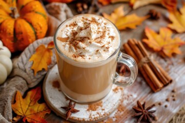 Pumpkin spice latte with whipped cream and cinnamon in a glass mug, surrounded by autumn leaves and pumpkins. ai